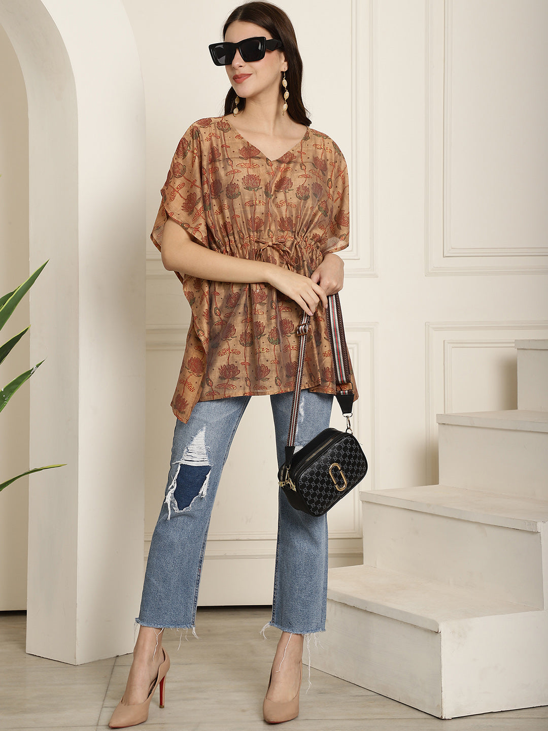Chanderi Brown Flower Printed Kaftan Top With Bell Sleeve 