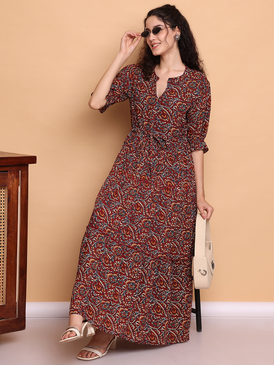 Aawari Women’s Rayon Maroon Paisley Printed Maxi Dresses with 3/4 Ruffle Sleeves