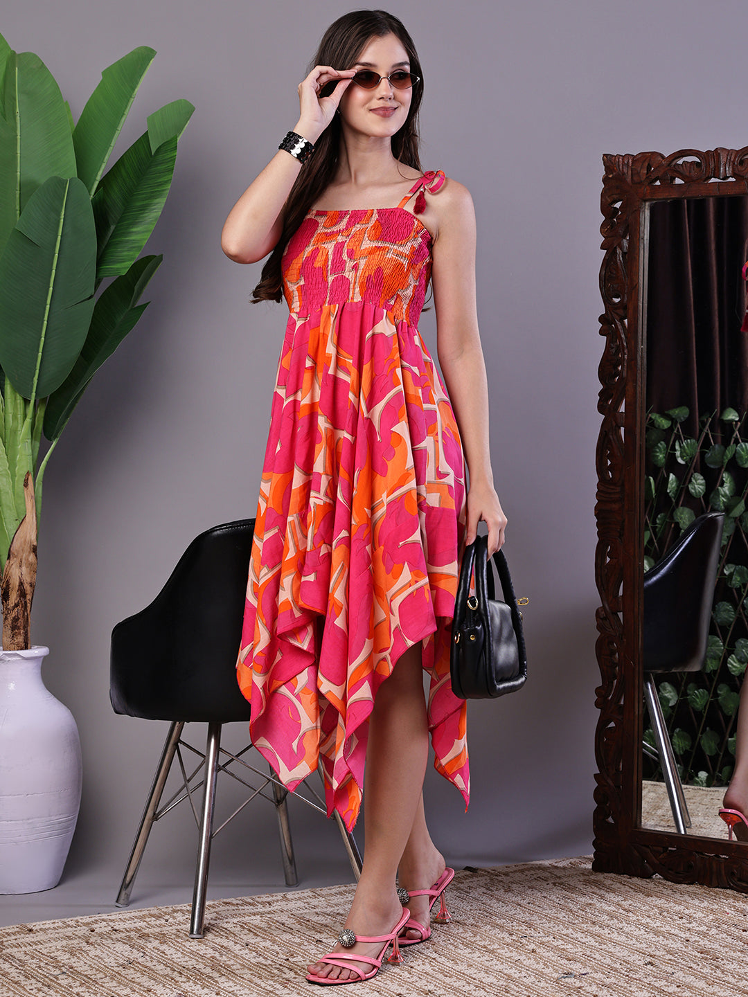 Aawari Orange & Pink Printed Cotton Handkerchief Hem Dress  - Midi Dresses / Western Wear