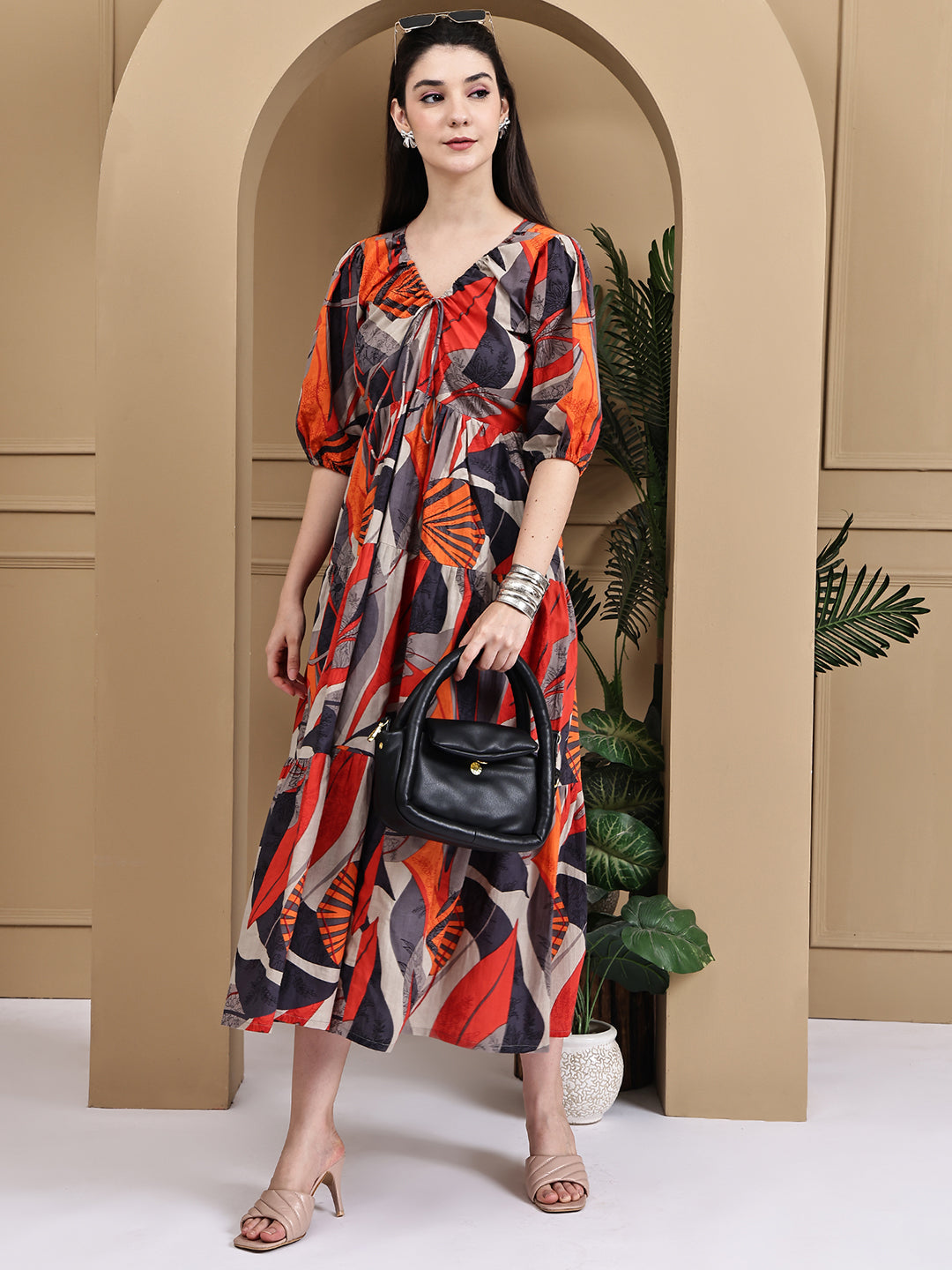 Aawari Women Cotton Printed Knot Dresses With Puff Sleeves