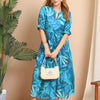 Aawari Turquoise Blue Leaf Print Tiered Maxi Dress with Puff Sleeves - Dresses / Western Wear / Maxi Dresses