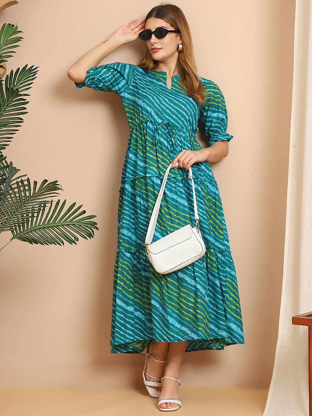 Aawari Teal & Green Striped Cotton Tiered Maxi Dress - Dresses / Western Wear / Maxi Dresses