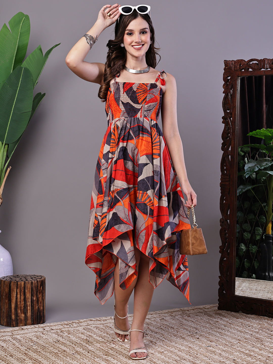 Aawari Rust & Grey Abstract Print Cotton Handkerchief Hem Dress - Midi Dresses / Western Wear