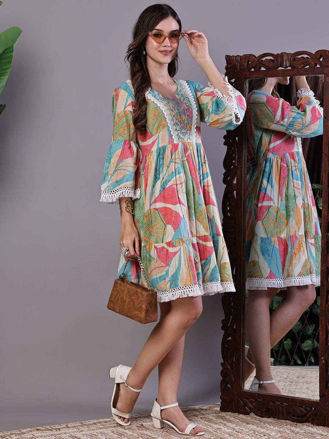Aawari Multicolor Printed Cotton A-Line Dress with Embroidered Yoke - Midi Dresses / Western Wear