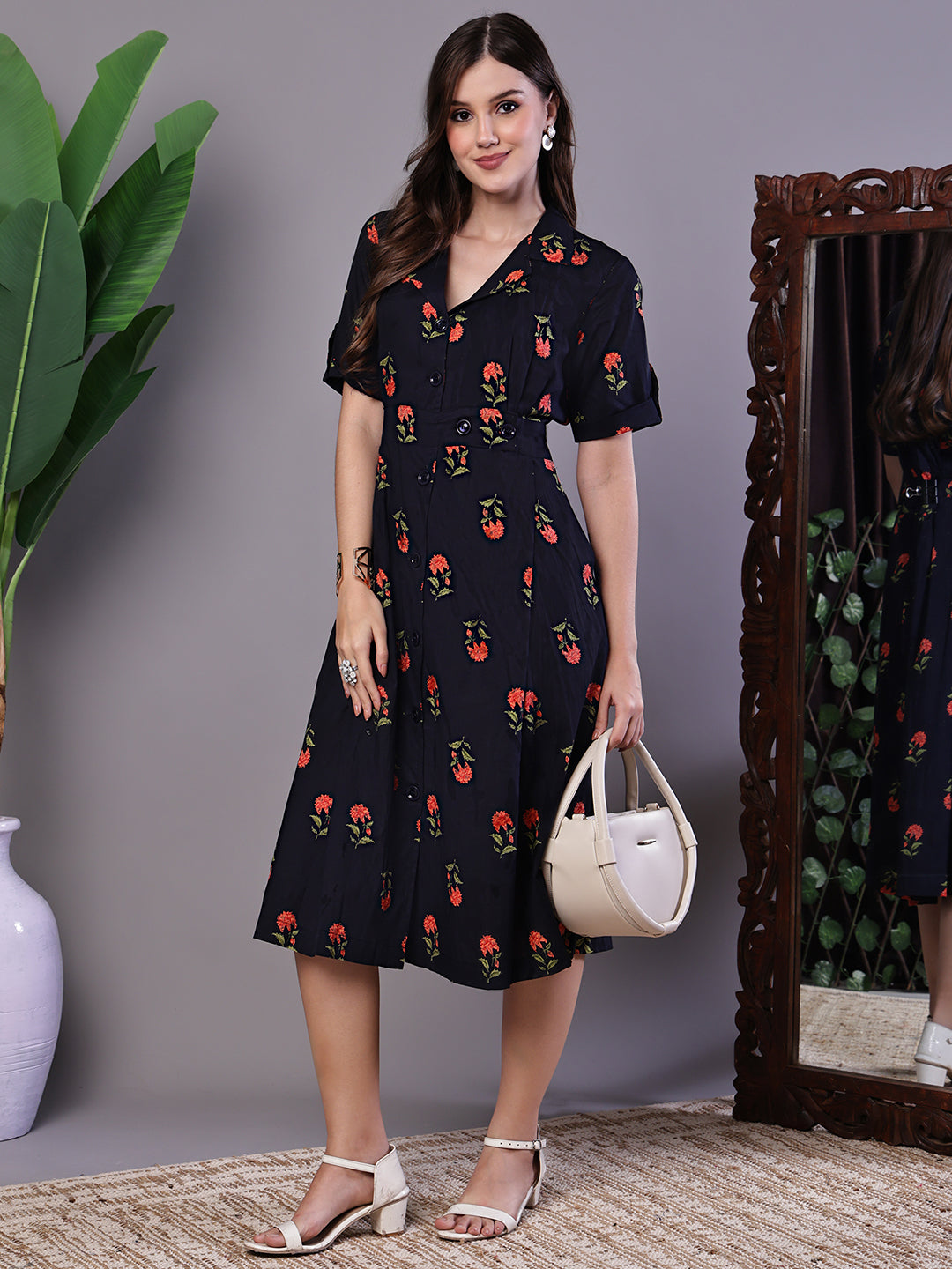Aawari Elegant Indigo & Orange Floral Block Print Cotton Shirt Dress - Midi Dresses /  Western Wear / Dresses