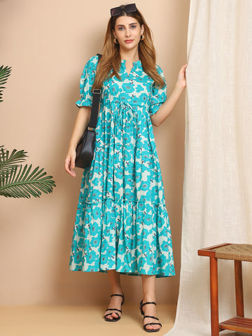 Aawari Turquoise Blue Floral Cotton Tiered Maxi Dress - Dresses / Western Wear / Maxi Dresses