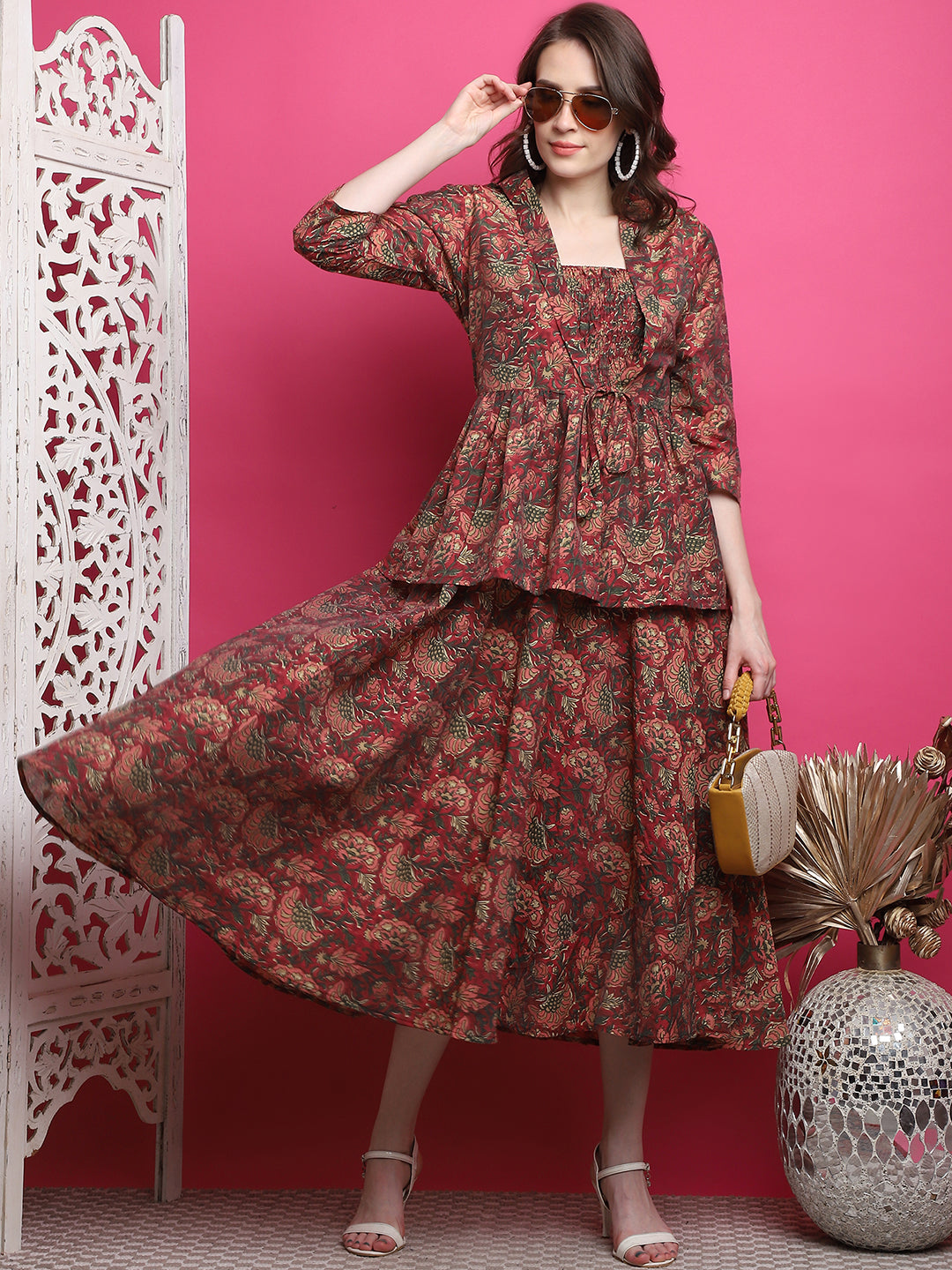 Aawari Women Chanderi Printed Dress With Shrug