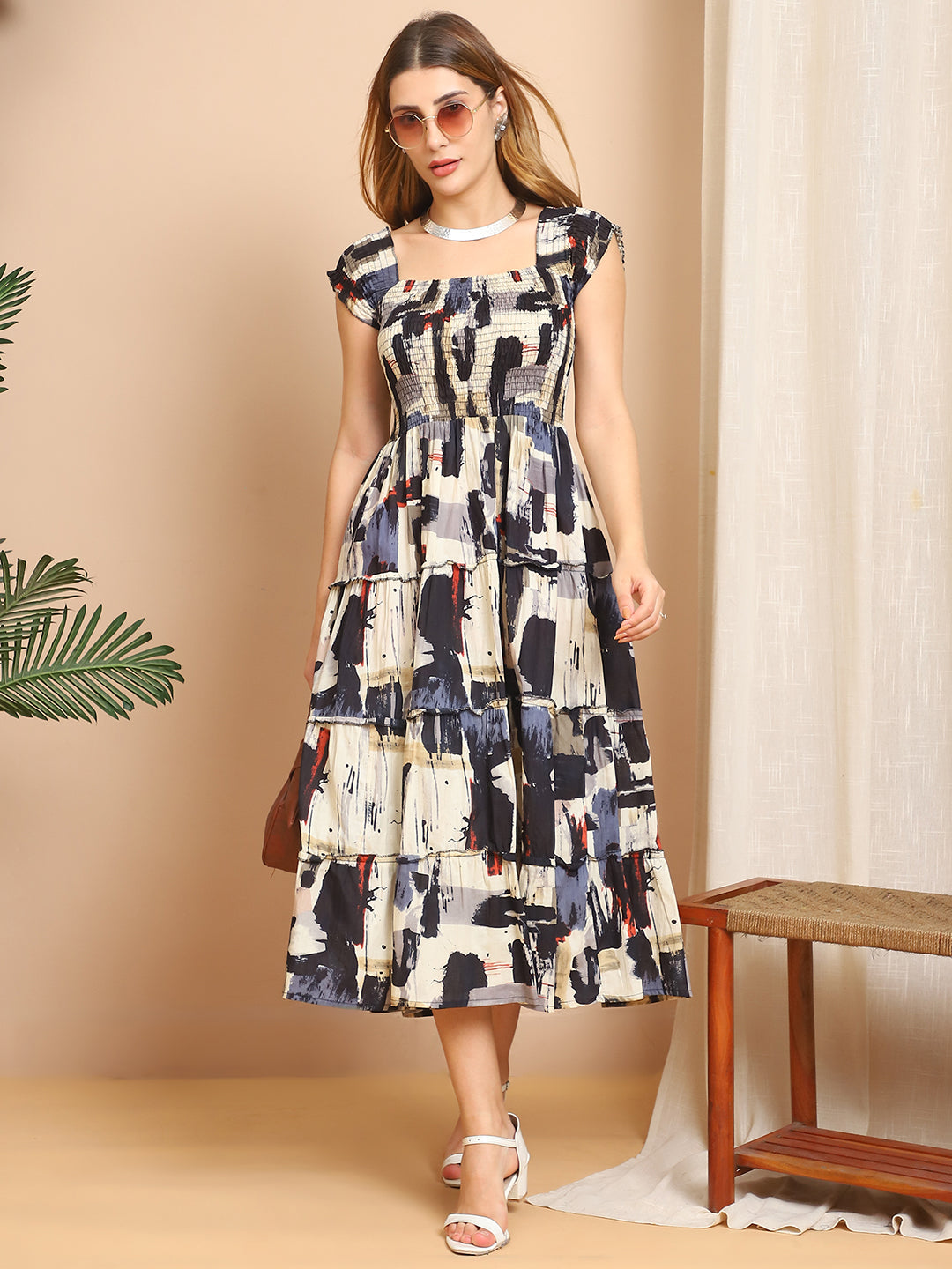 Aawari Artistic Abstract Print Cotton Midi Dress For Women
