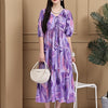 Aawari Cotton Purple Printed Knot Dresses With Puff Sleeves / Western Wear