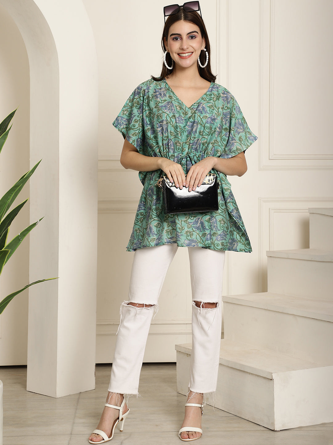 Muslin Green Floral Printed Kaftan Top With Bell Sleeve 