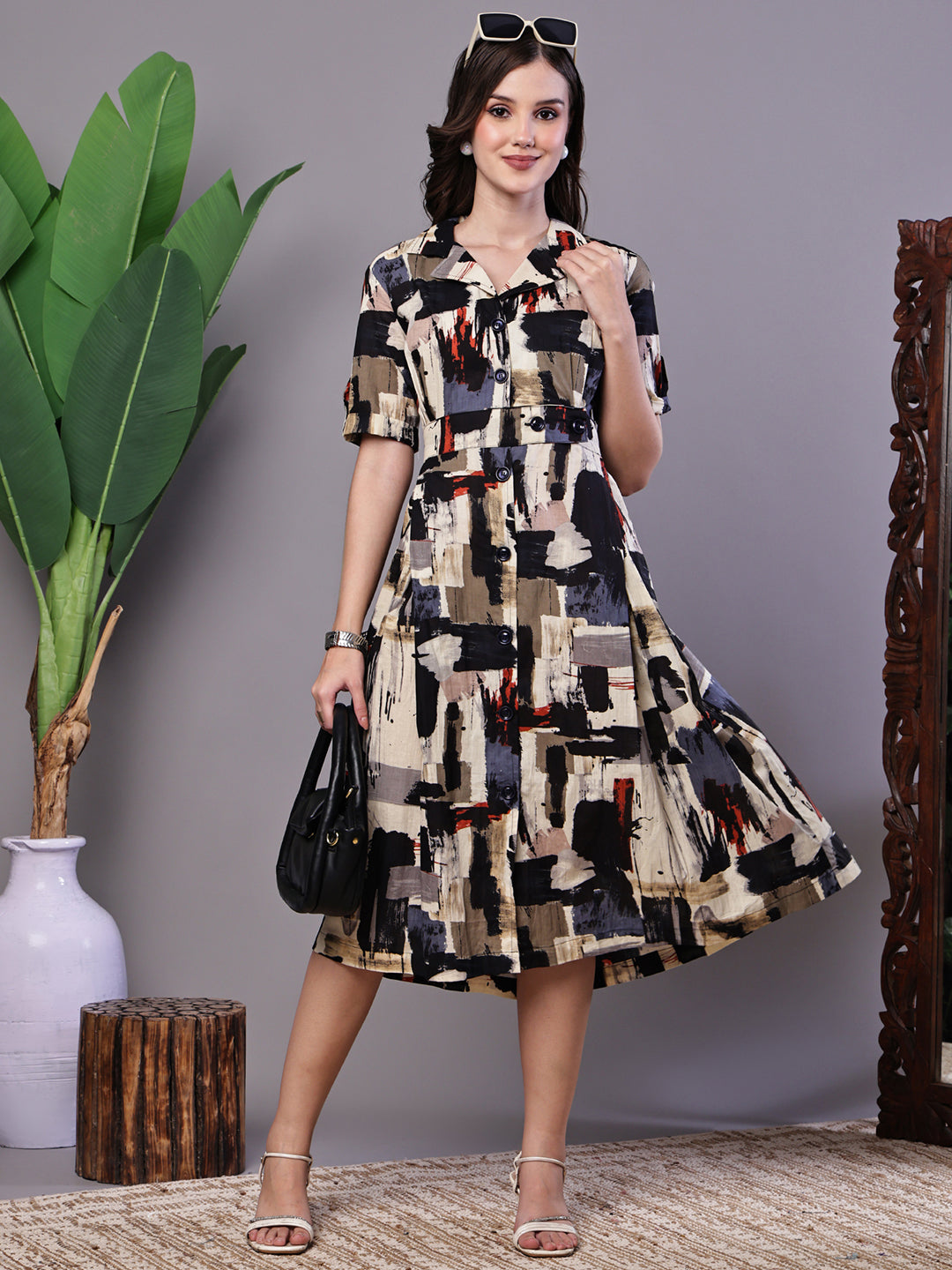 Aawari Beige & Black  Abstract Print Cotton Shirt Dress - Midi Dresses  / Western Wear / Dresses