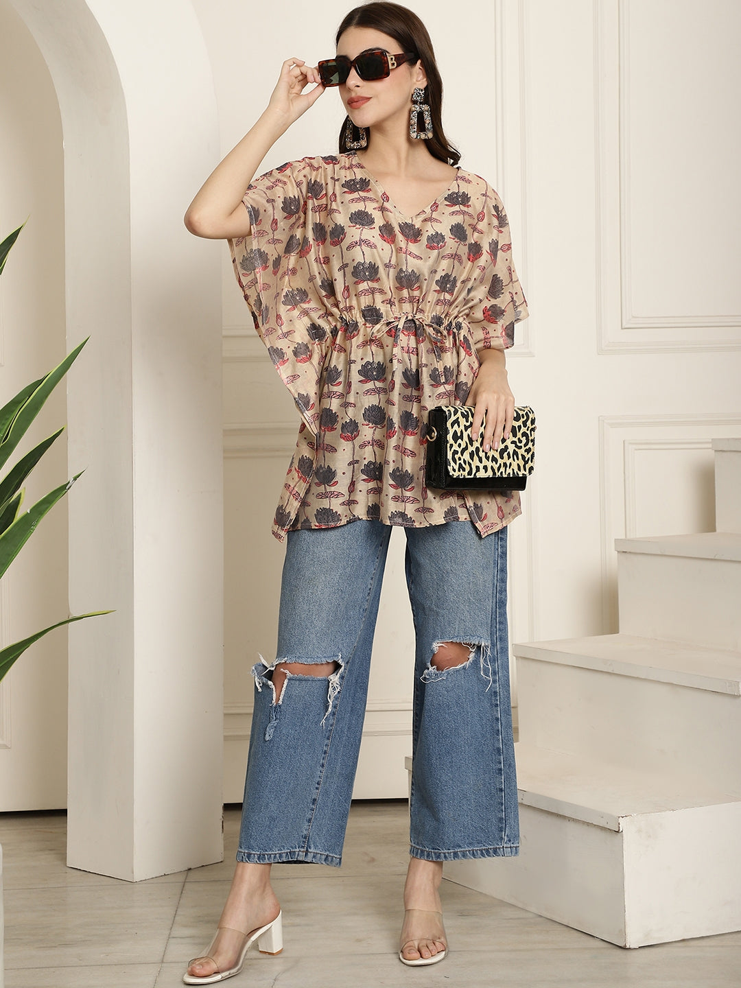 Chanderi Brown Flower Printed Kaftan Top With Bell Sleeve 