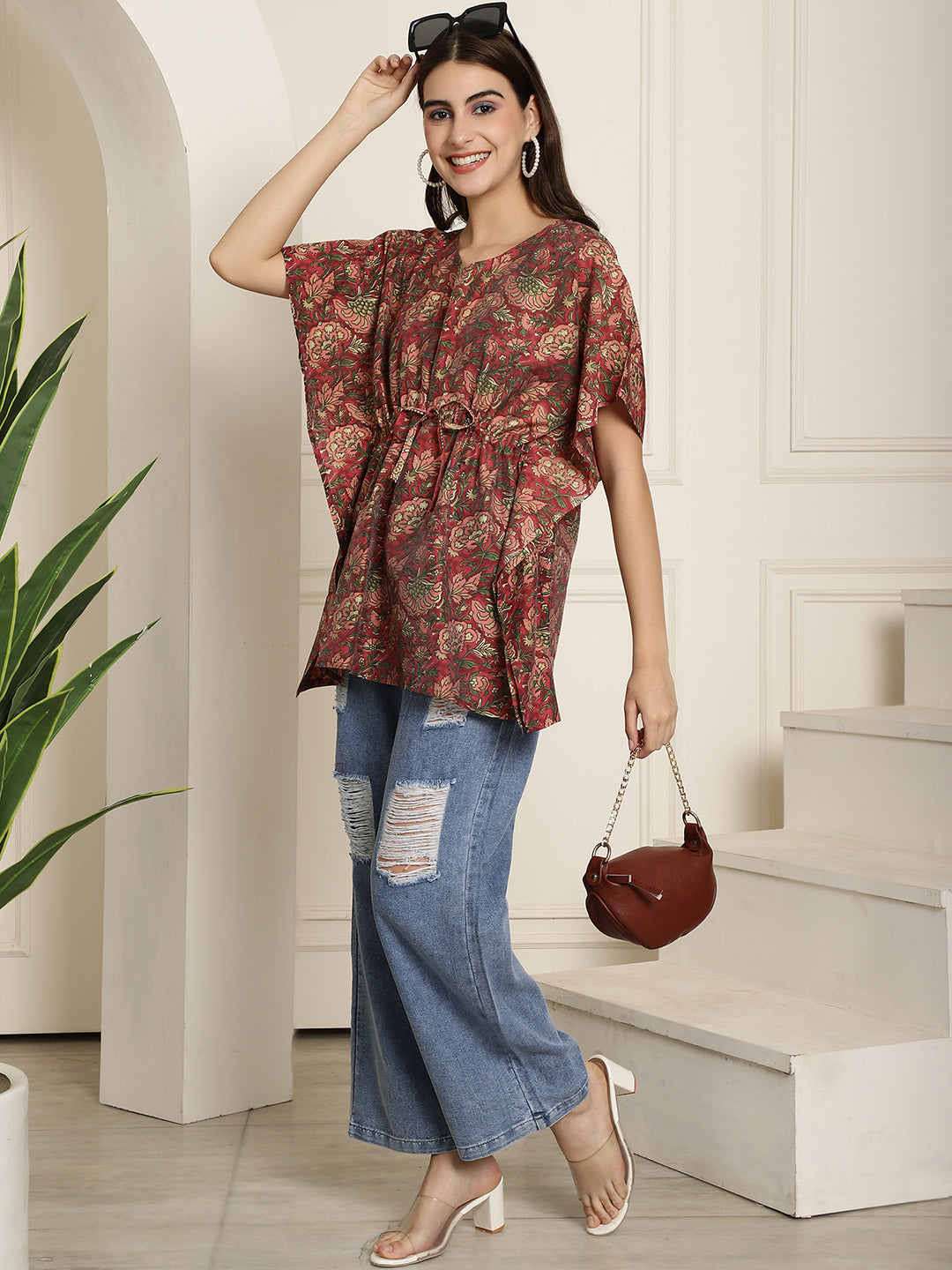 Muslin Brown Floral Printed Kaftan Top With Bell Sleeve 