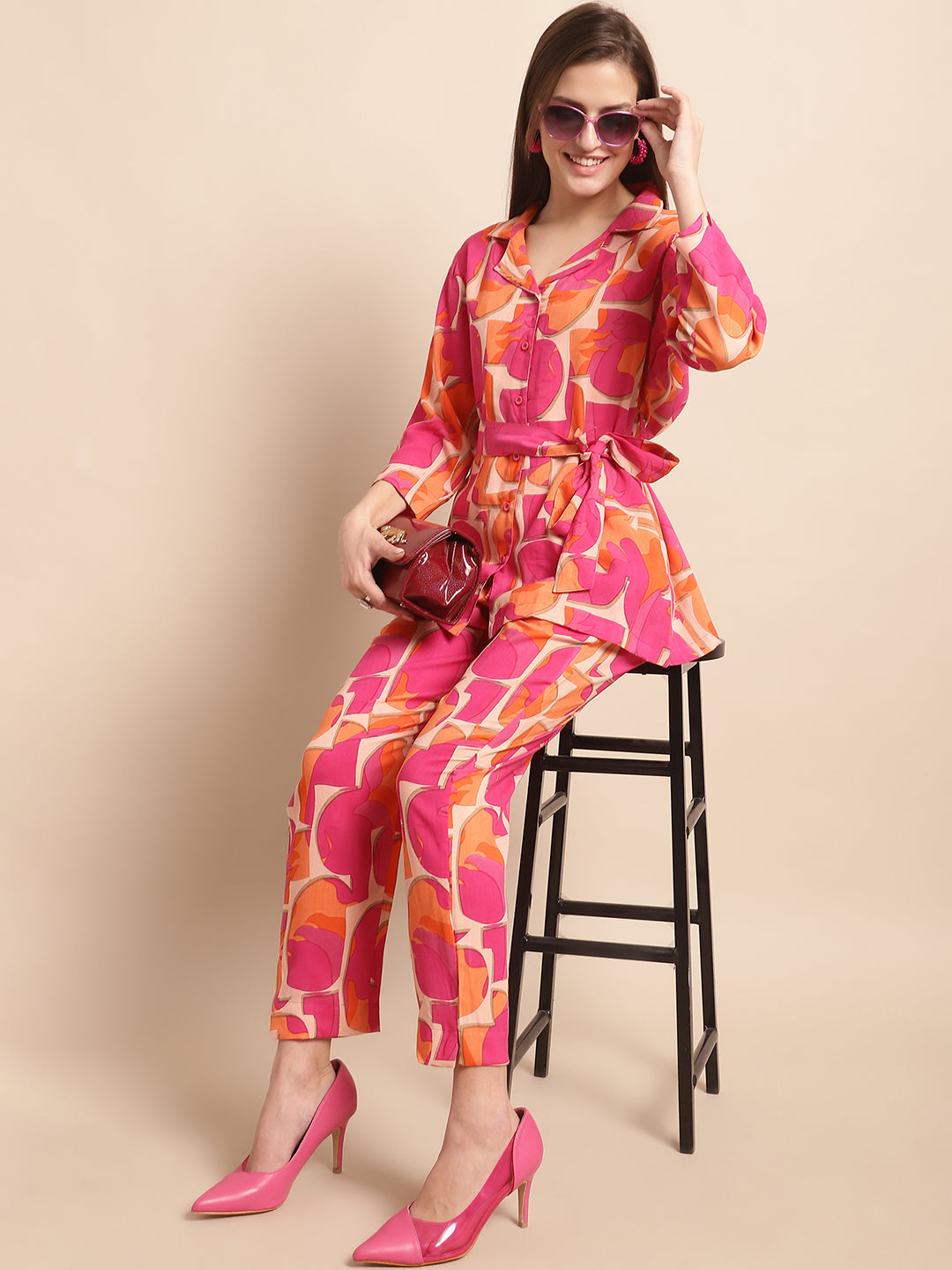 Aawari Women's Printed Co-ord Set in Pink & Orange - Rayon Casual Wear