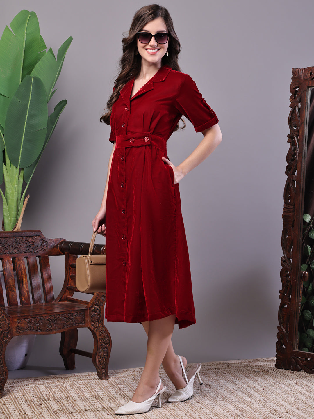 Aawari Maroon Velvet Shirt Style Midi Dress with Belt - Midi Dresses / Western Wear / Dresses