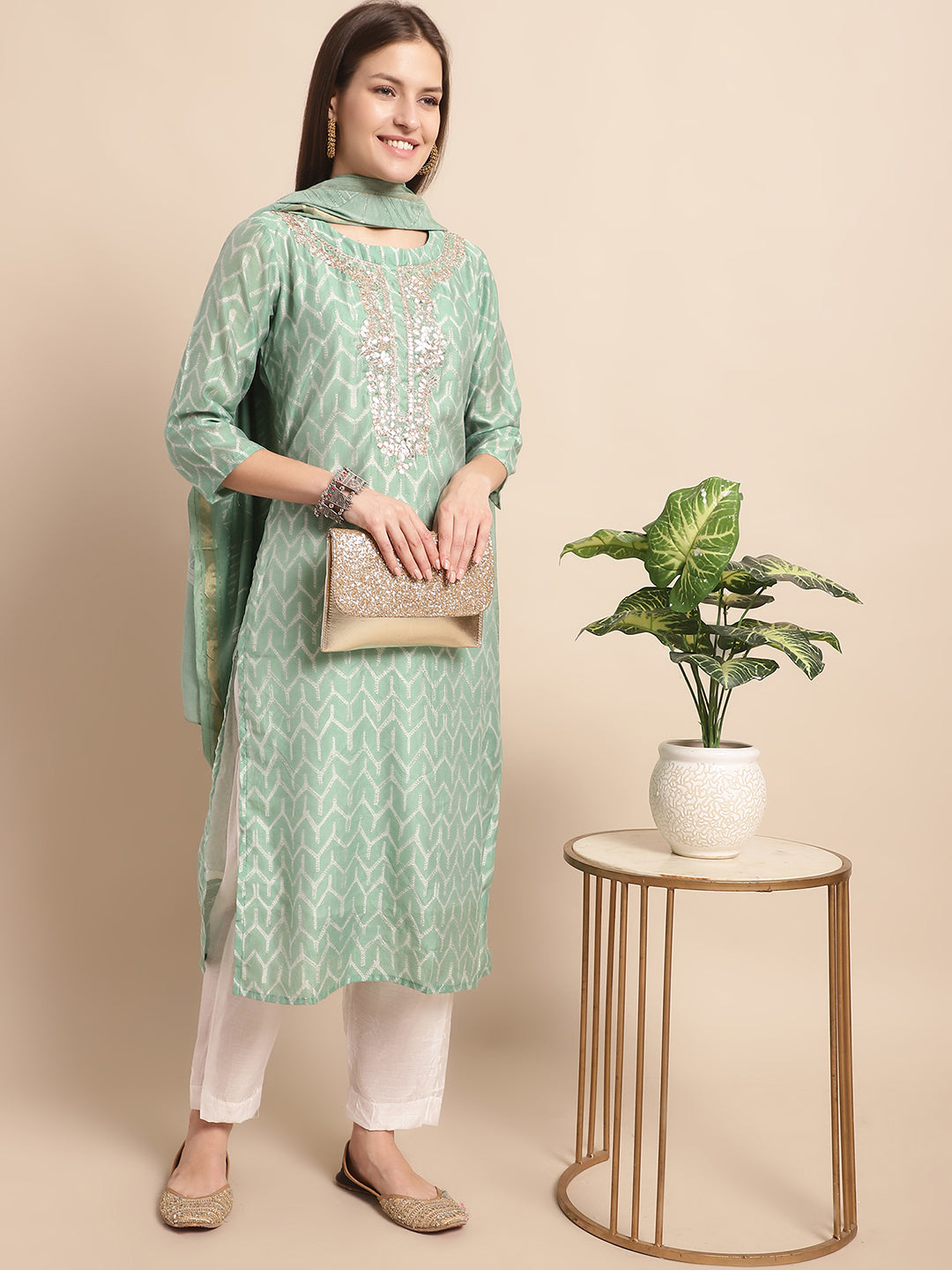 Aawari Women Printed Green Ultramint Three Piece Suit Set