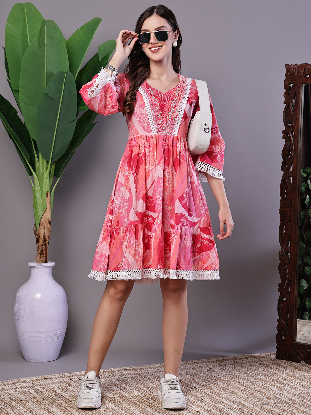 Aawari Pink Bohemian 100% Cotton Fit & Flare Dress with Lace Detailing - Midi Dresses / Western Wear