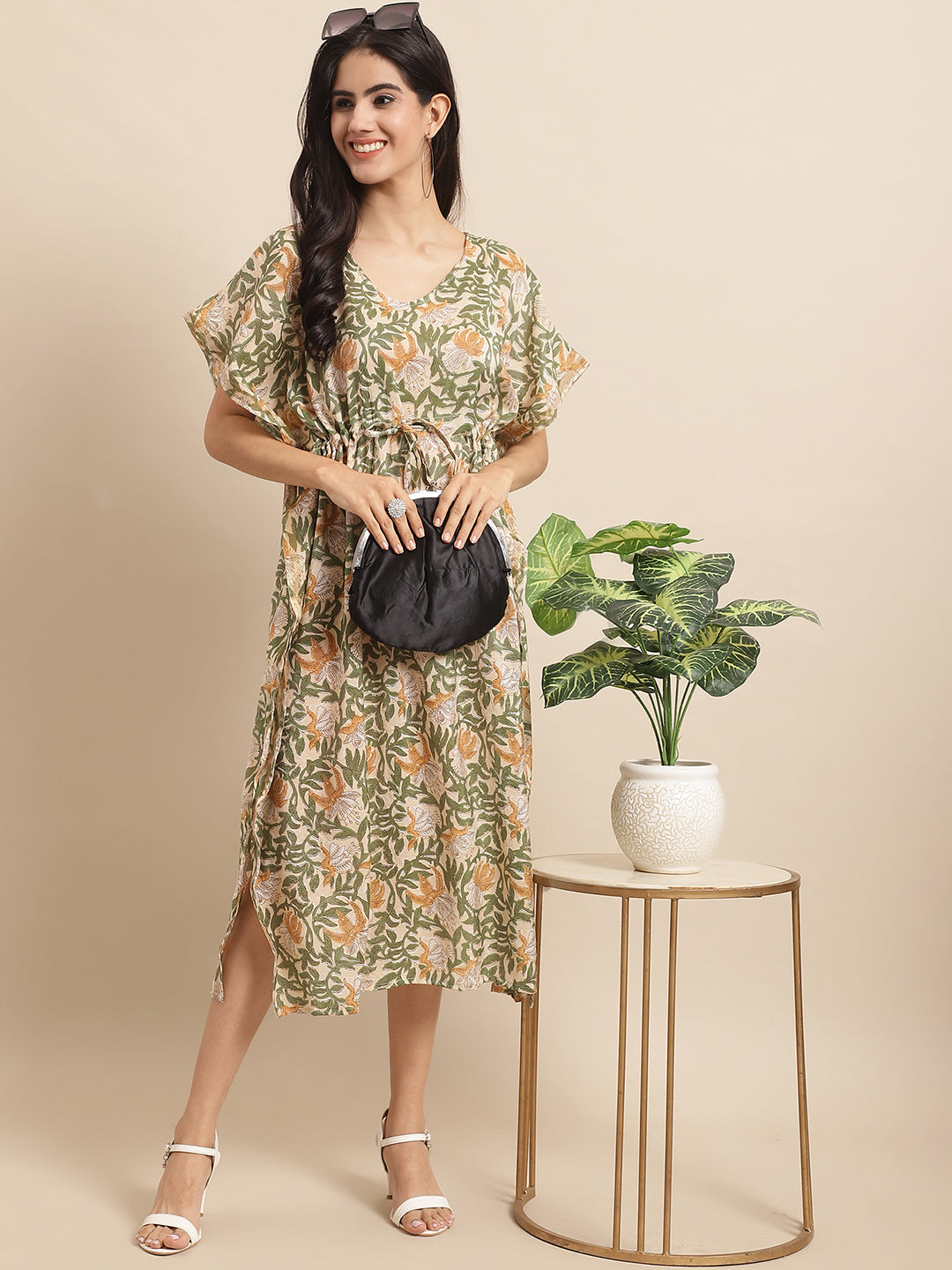 Aawari Floral Printed Green Chanderi Midi Dress with V-Neck & Short Sleeves - Kaftaan