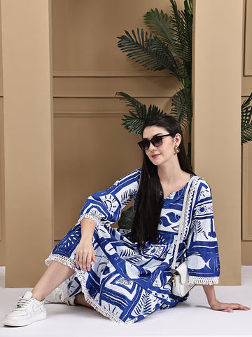 Aawari Cotton Printed Long Sleeve Dress - Midi Dress