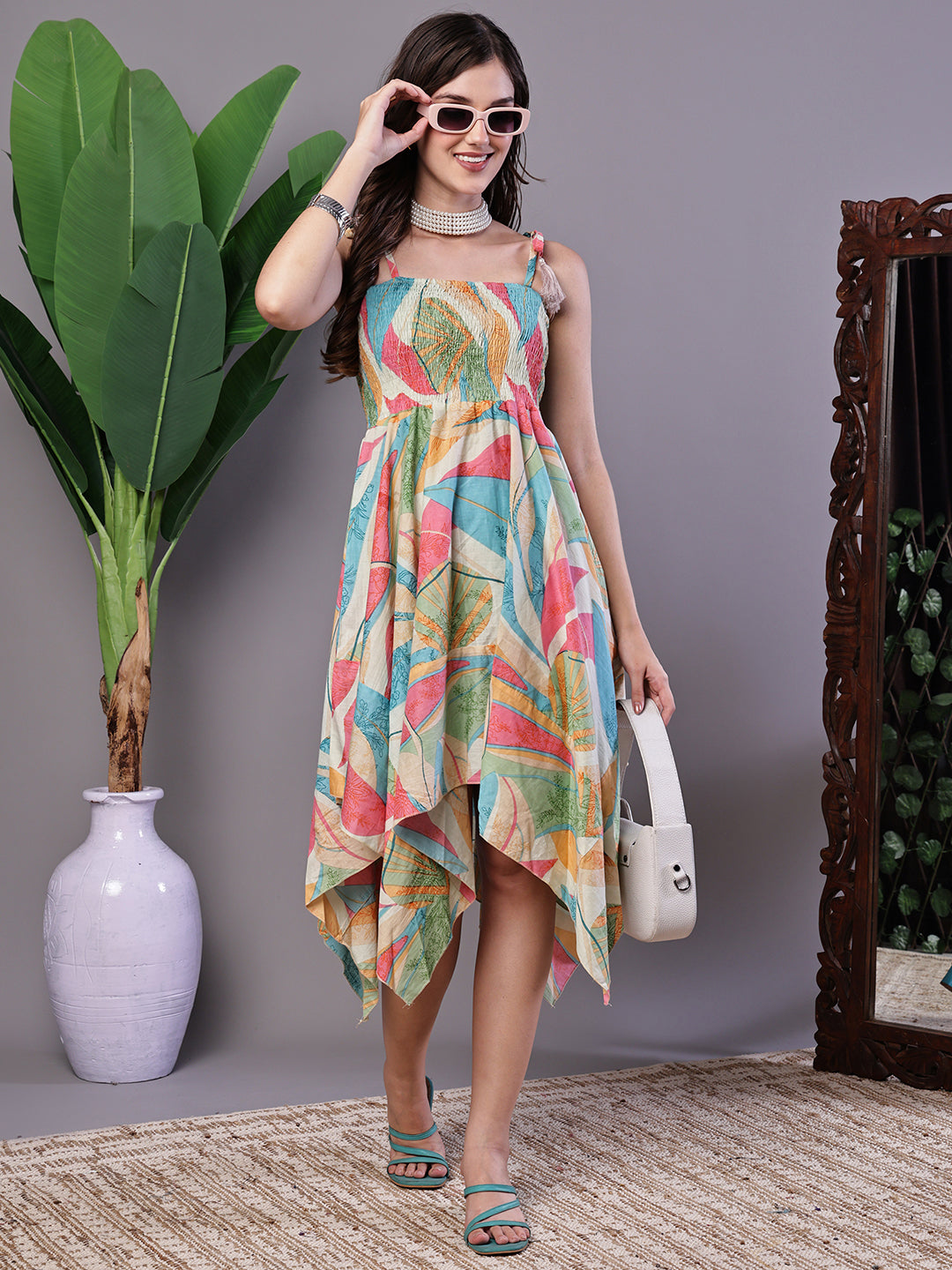 Aawari Multicolor Junglee Print Handkerchief Hem Cotton Dress - Midi Dresses / Western Wear