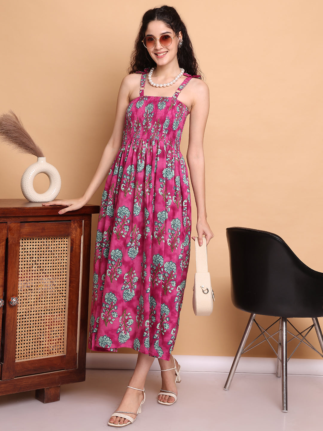 Aawari Vibrant Pink & Green Floral Printed Cotton Bobbin Gown with Tie-Up Straps for Women - Western wear