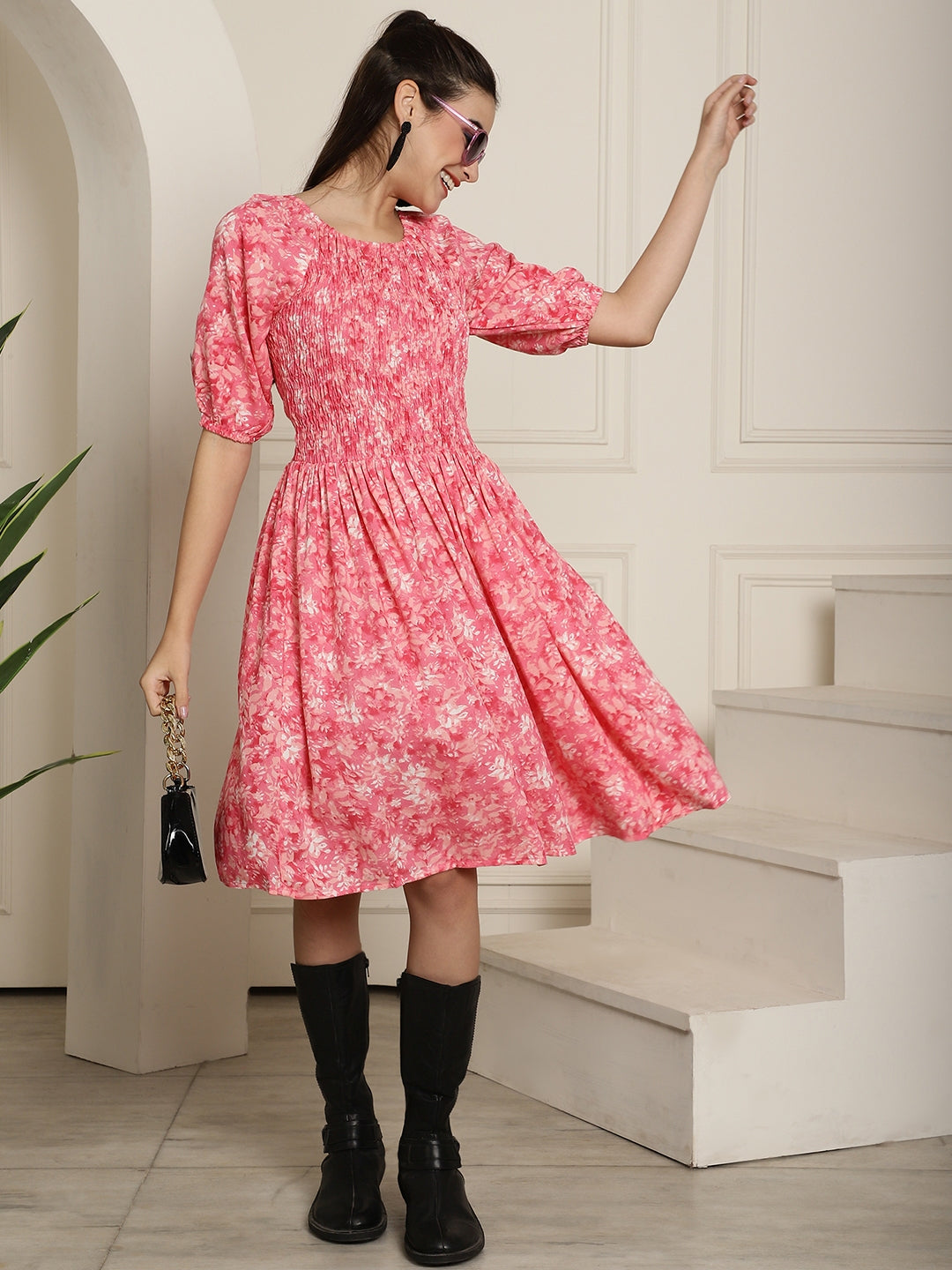 Aawari Pink Floral Printed A-Line Midi Dress With Extended Sleeves
