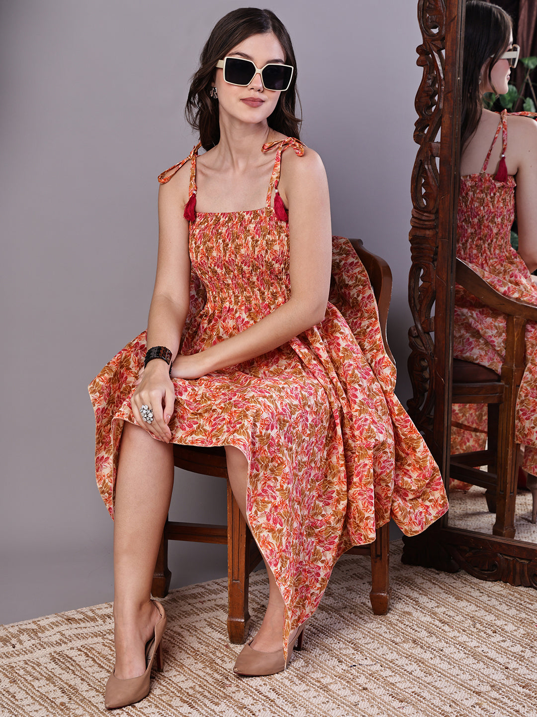 Aawari Peach Floral Handkerchief Hem Cotton Dress - Midi Dresses / Western Wear