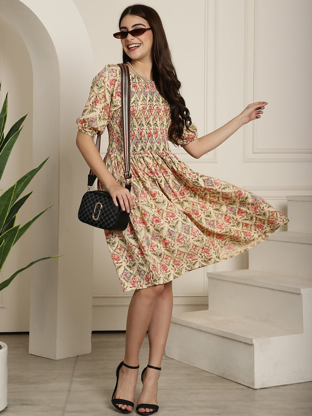 Aawari Cream Floral Printed A-Line Midi Dress With Extended Sleeves