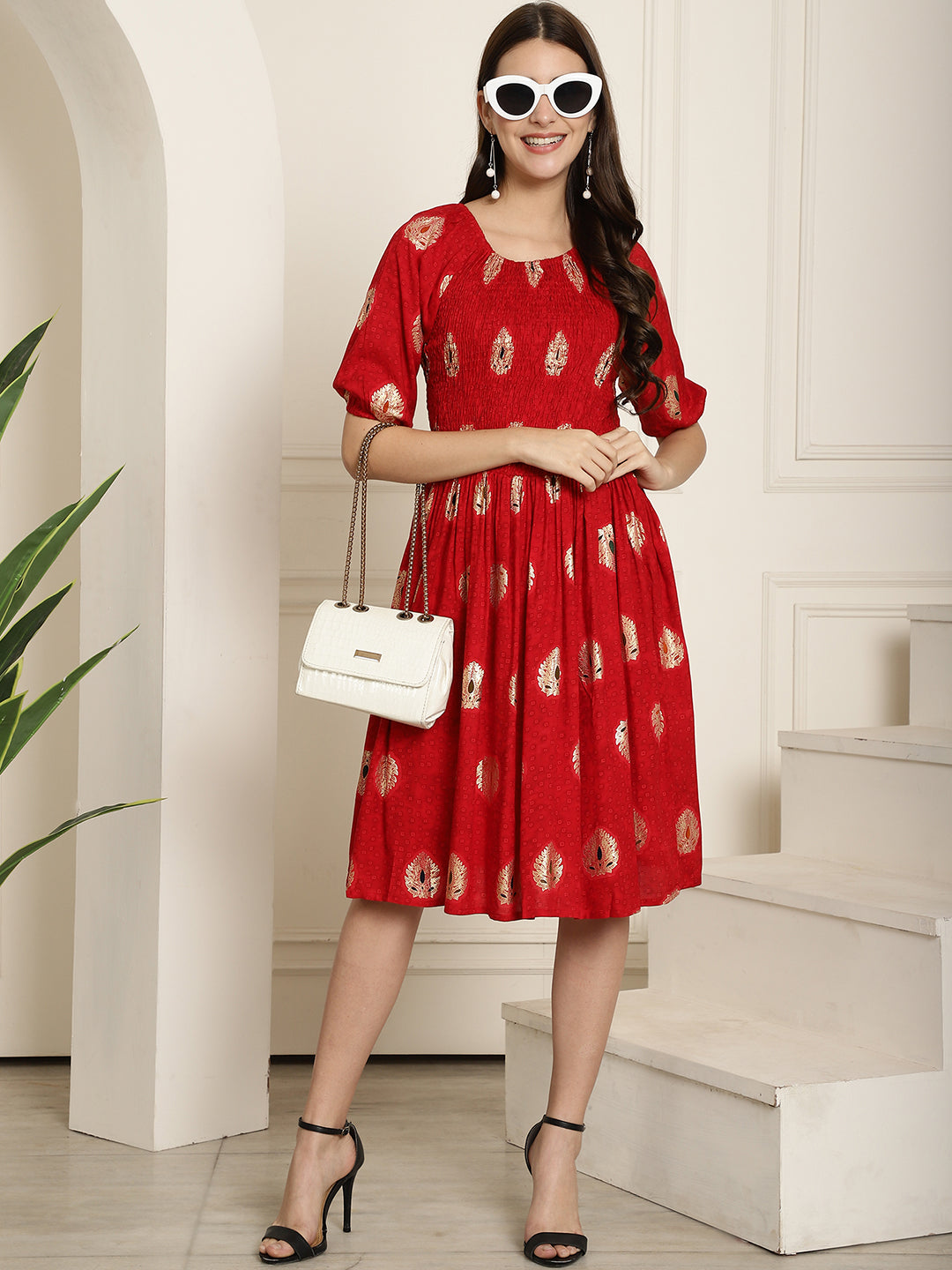 Aawari Red & Golden Patch Printed A-Line Midi Dress With Extended Sleeves