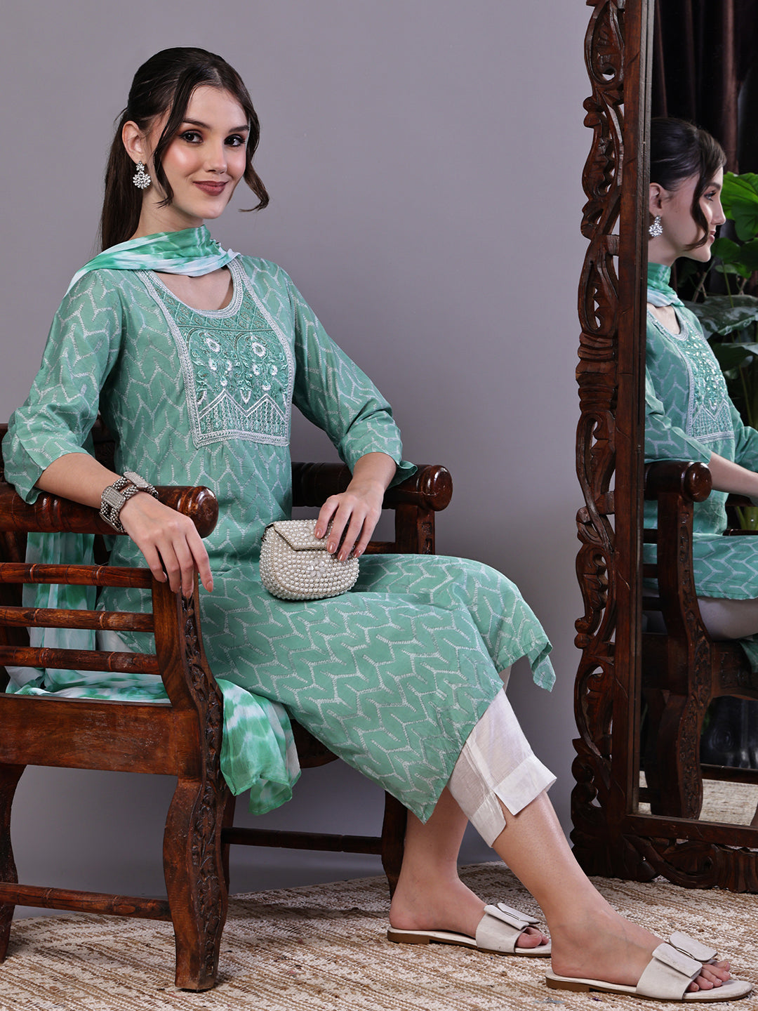 Aawari Mint Green Chanderi Embroidered Kurta Set with Dupatta - Suit Sets