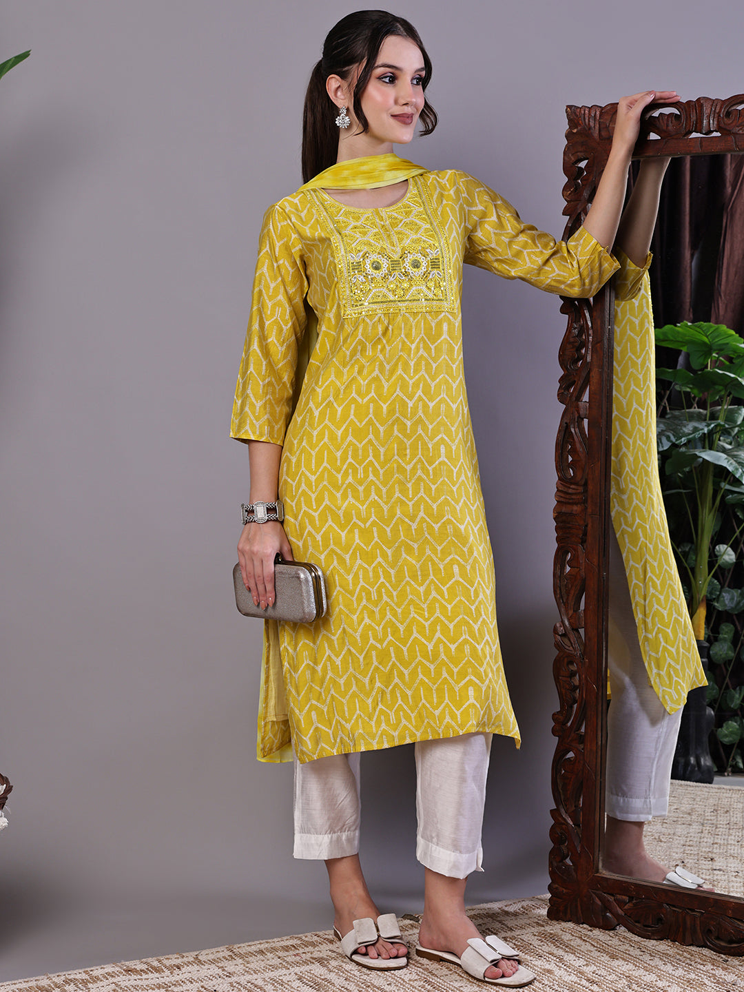 Aawari Mustard Yellow Chevron Print Chanderi Kurta Set with Mirror Work - Suit Sets