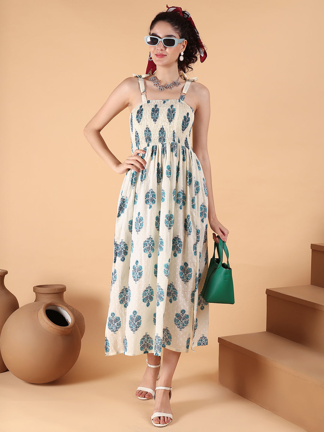 Aawari Elegant Cream & Blue Printed Printed Cotton Bobbin Gown with Tie-Up Straps for Women - Western wear