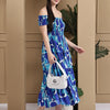Aawari Rayon Bubbly Blue Printed Off Shoulder Dresses / Maxi Dresses / Western Wear