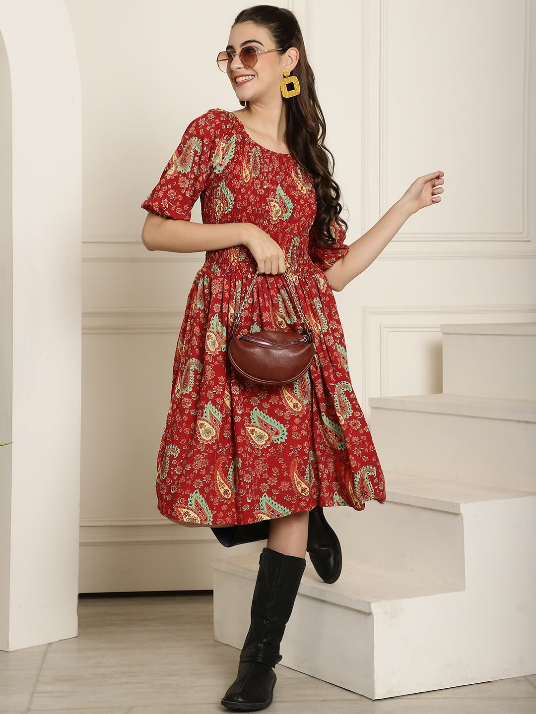 Aawari Red Leaf Printed A-Line Midi Dress With Extended Sleeves
