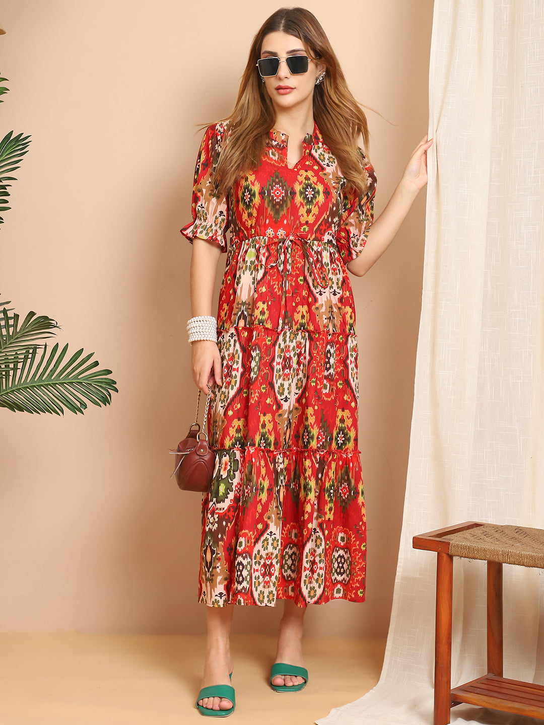 Aawari Red & Multi-Color Tribal Print Tiered Maxi Dress - Dresses / Western Wear / Maxi Dresses