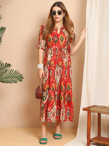 Aawari Red & Multi-Color Tribal Print Tiered Maxi Dress - Dresses / Western Wear / Maxi Dresses