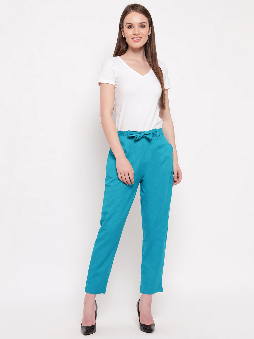 Aawari Women Cotton Solid Belt Pants