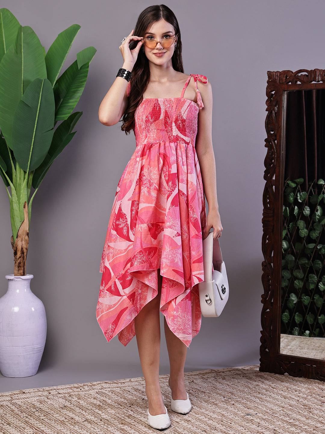 Aawari Pink Printed Cotton Handkerchief Hem Midi Dress - Midi Dresses / Western Wear
