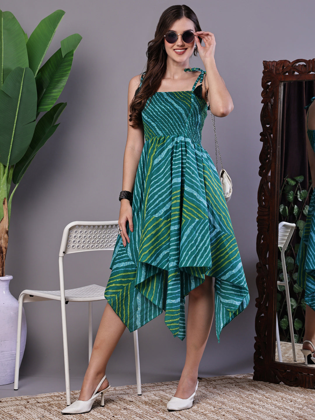 Aawari Leheriya  Asymmetrical Hem Smocked A-Line Dress - Midi Dresses / Western Wear