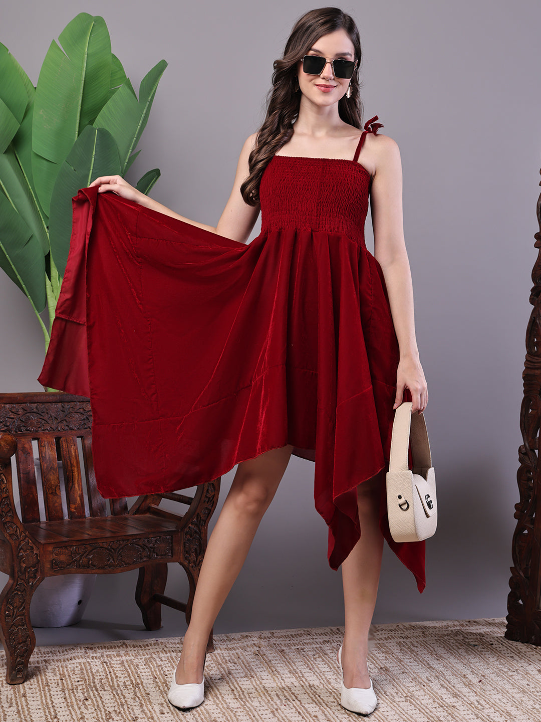 Aawari Junglee Velvet Maroon Handkerchief Hem Dress - Midi Dresses / Western Wear