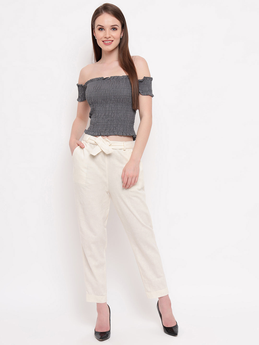 Aawari Women Cotton Solid Belt Pants