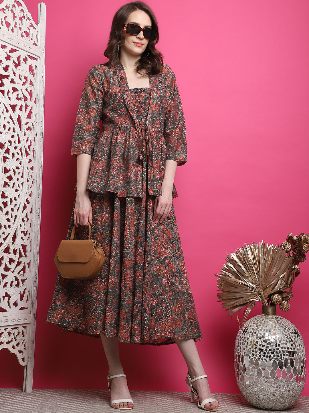 Aawari Women Chanderi Printed Dress With Shrug