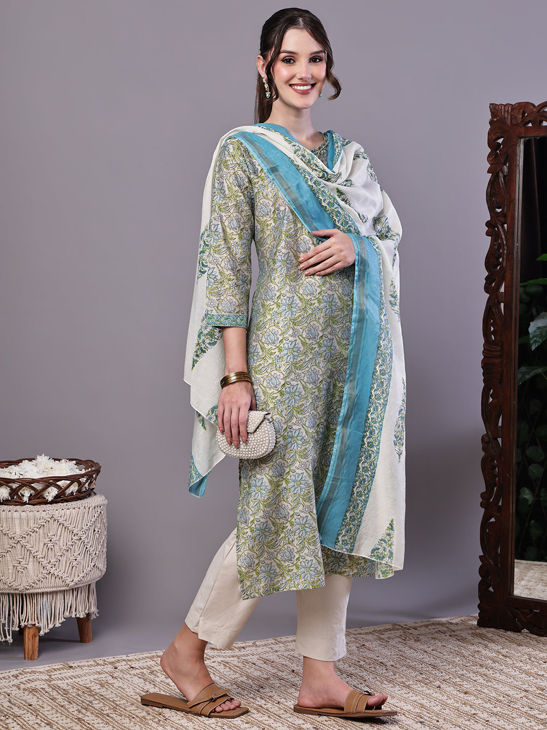 Aawari Green & Blue Floral Chanderi Printed Kurta Set with Dupatta - Suit Sets