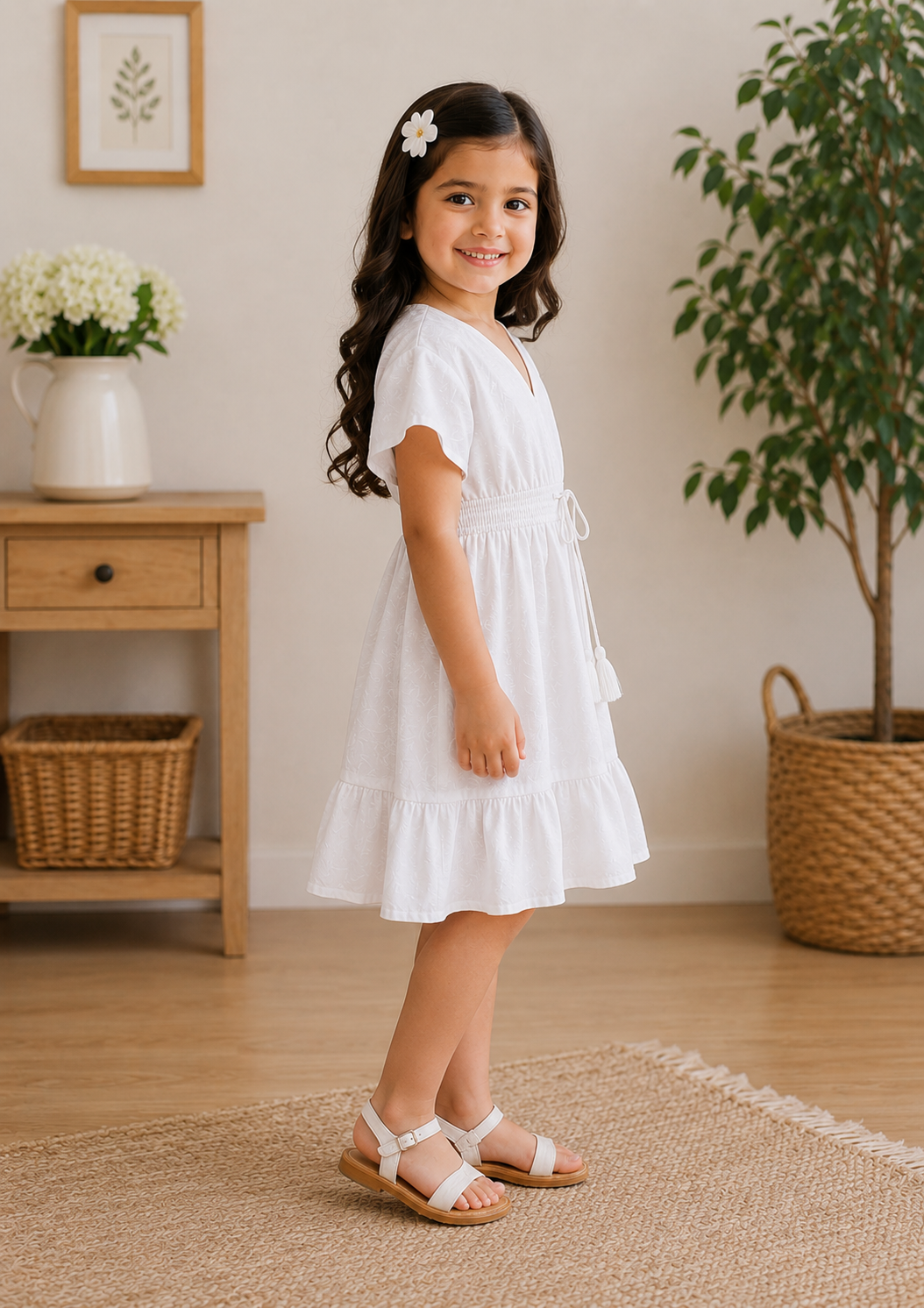 Baby Girls Snow White Smocked Waist Flared Midi Dress