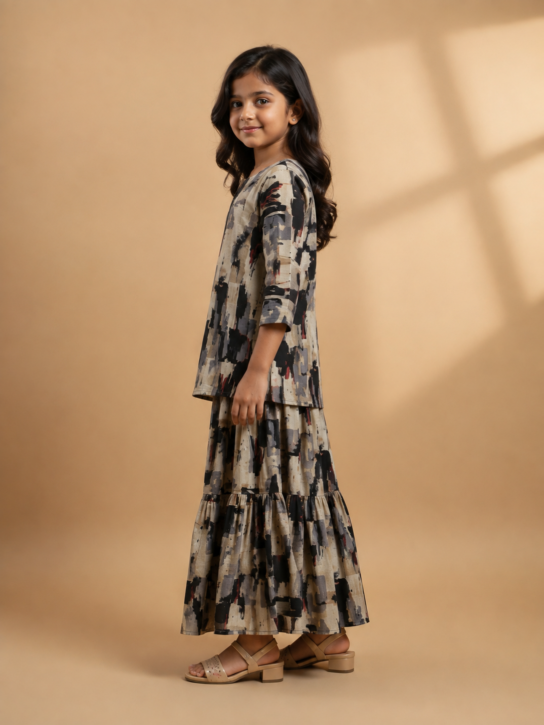 Girl's Beige Printed Kurta with Matching Tiered Flared Skirt Co-ord Set