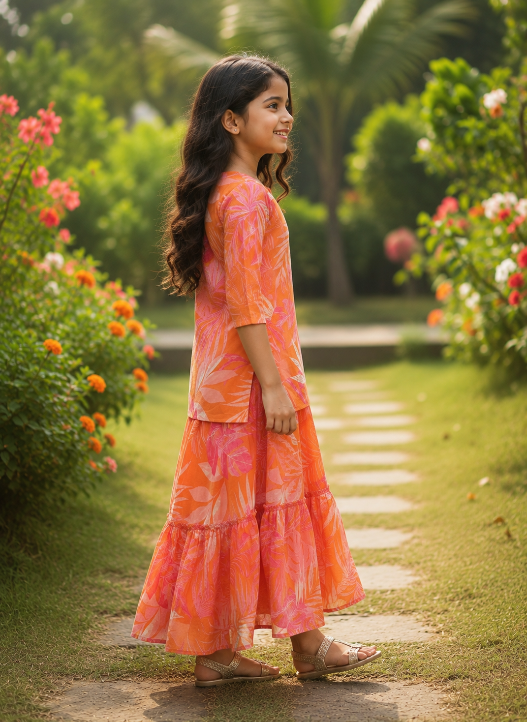 Girl's Orange Floral Printed Kurta with Matching Tiered Flared Skirt Co-ord Set