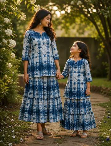 Mom & Daughter Blue & White Printed Kurta & Tiered Skirt Matching Co-ord Set