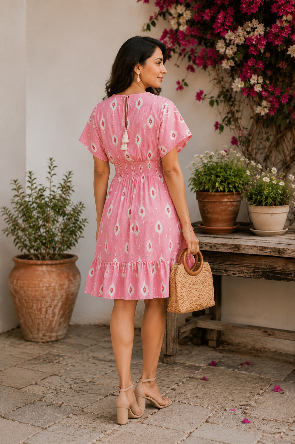 Women Pink Ikat Printed Smocked Waist Ruffle Hem Dress