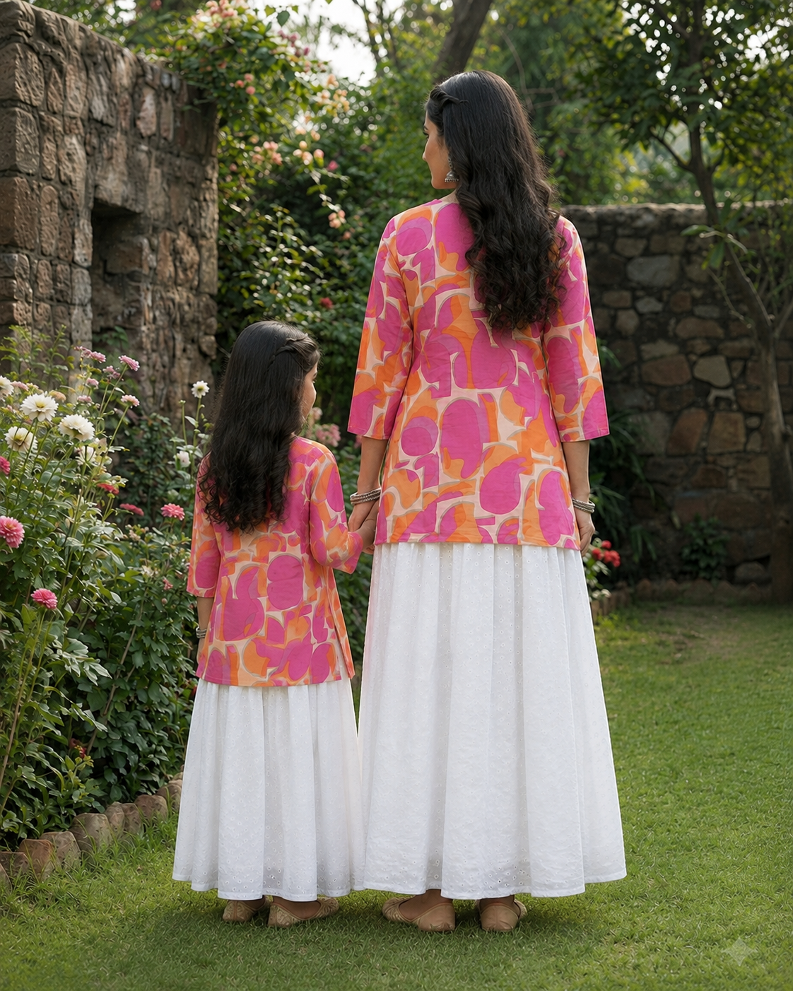 Mom & Daughter Pink Abstract Print Kurta with White Embroidered Skirt Set