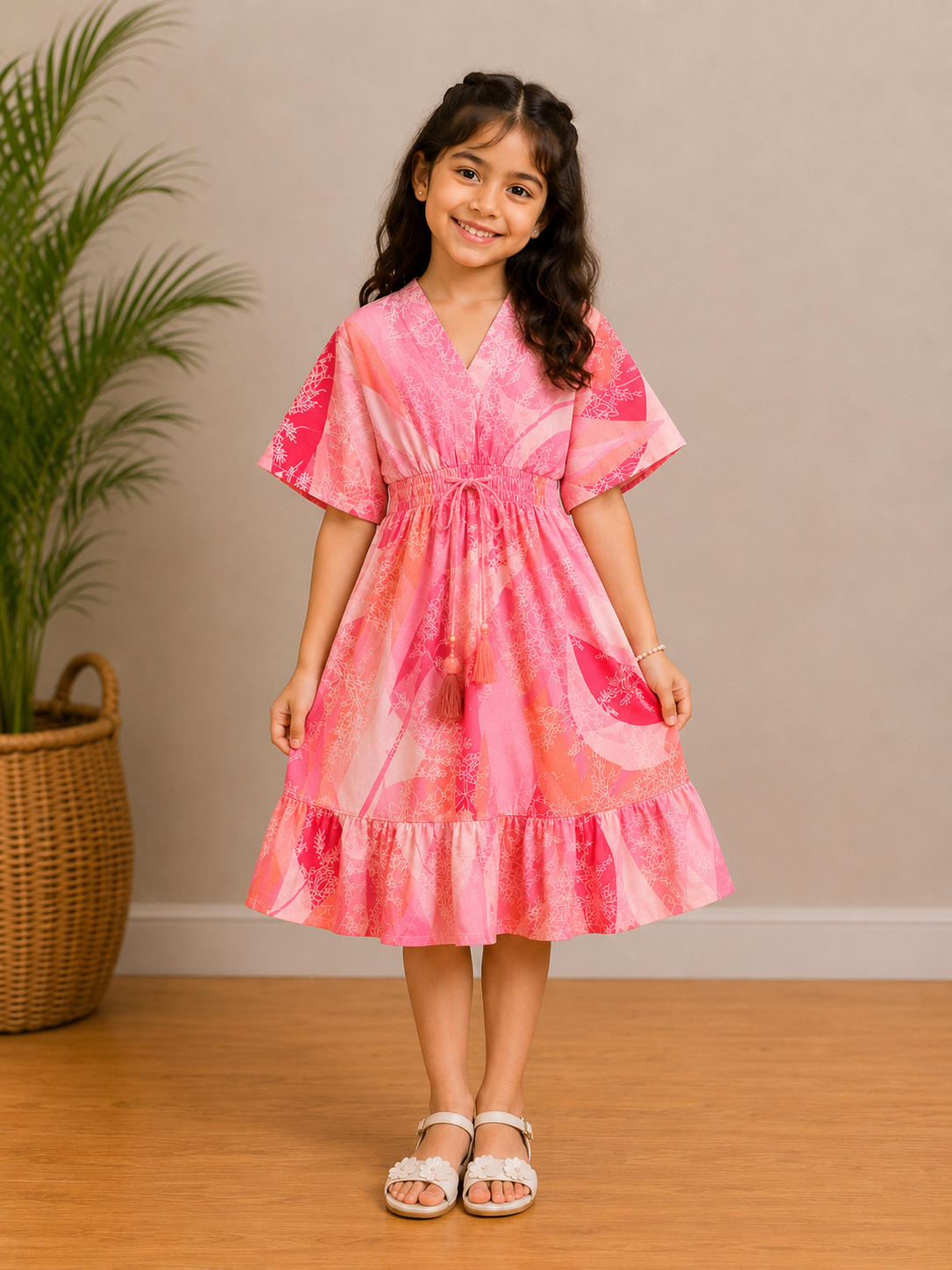Baby Girls Pink Abstract Printed Tassel Tie-Up Smocked Waist Flared Midi Dress